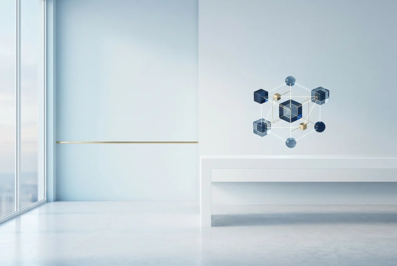 Estúdio de software claro e minimalista, com um diagrama holográfico de arquitetura sobre a mesa