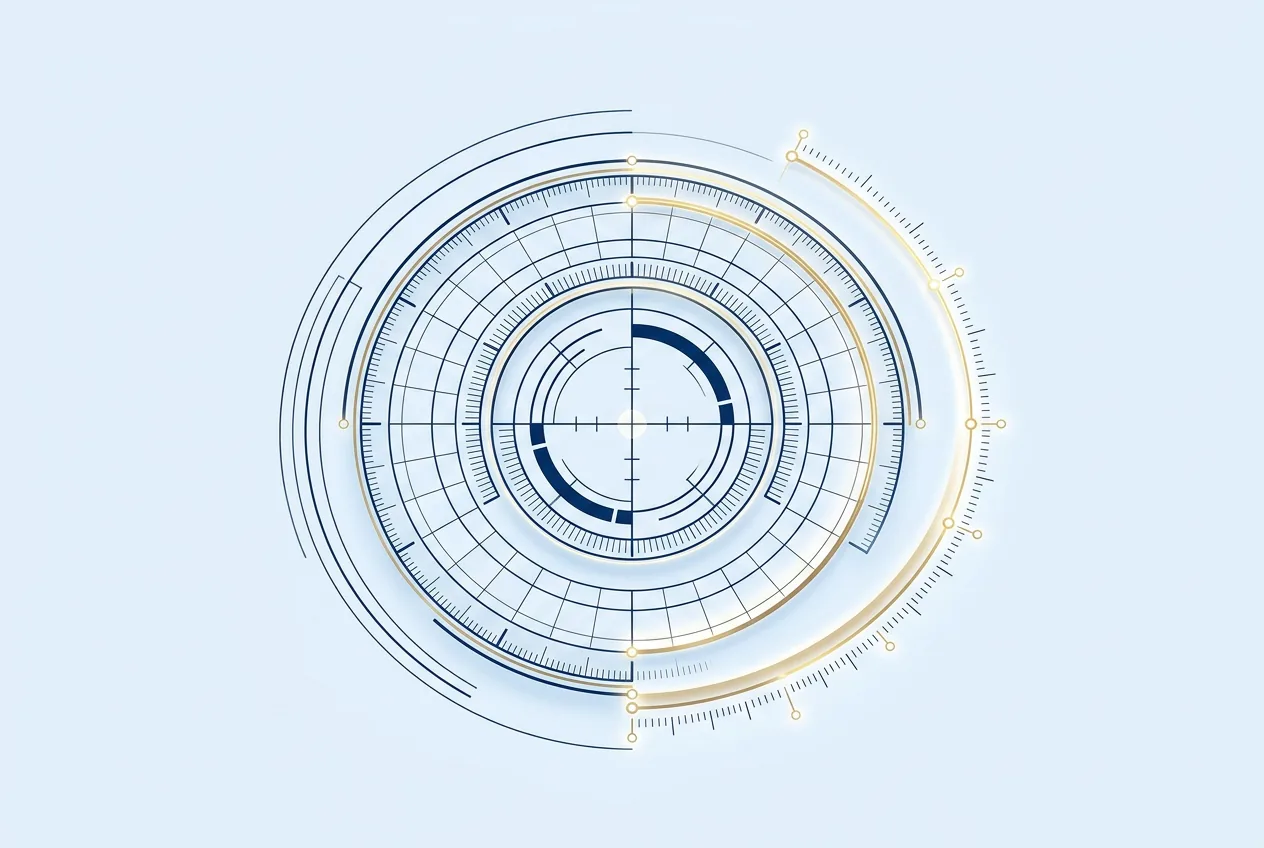 Instrumento de navegação abstrato com anéis concêntricos e marcações em azul-marinho e dourado