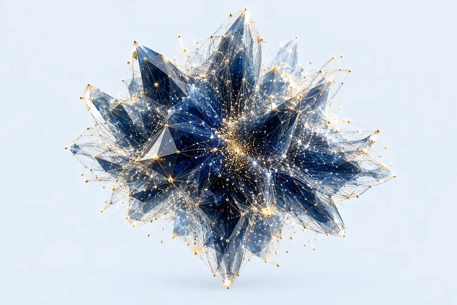 Forma neural cristalina feita de partículas de luz, com núcleo azul-marinho e detalhes dourados