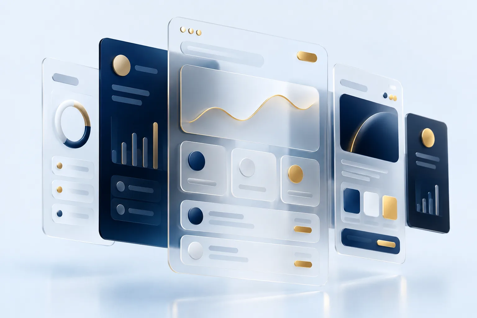 Painéis de interface translúcidos flutuando em camadas, em azul-marinho, branco e dourado
